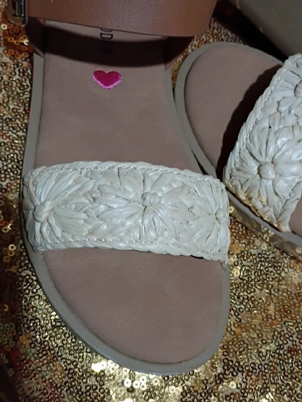 Steve Madden Kids White Braided Front Strap Sandals with Tan Ankle Strap